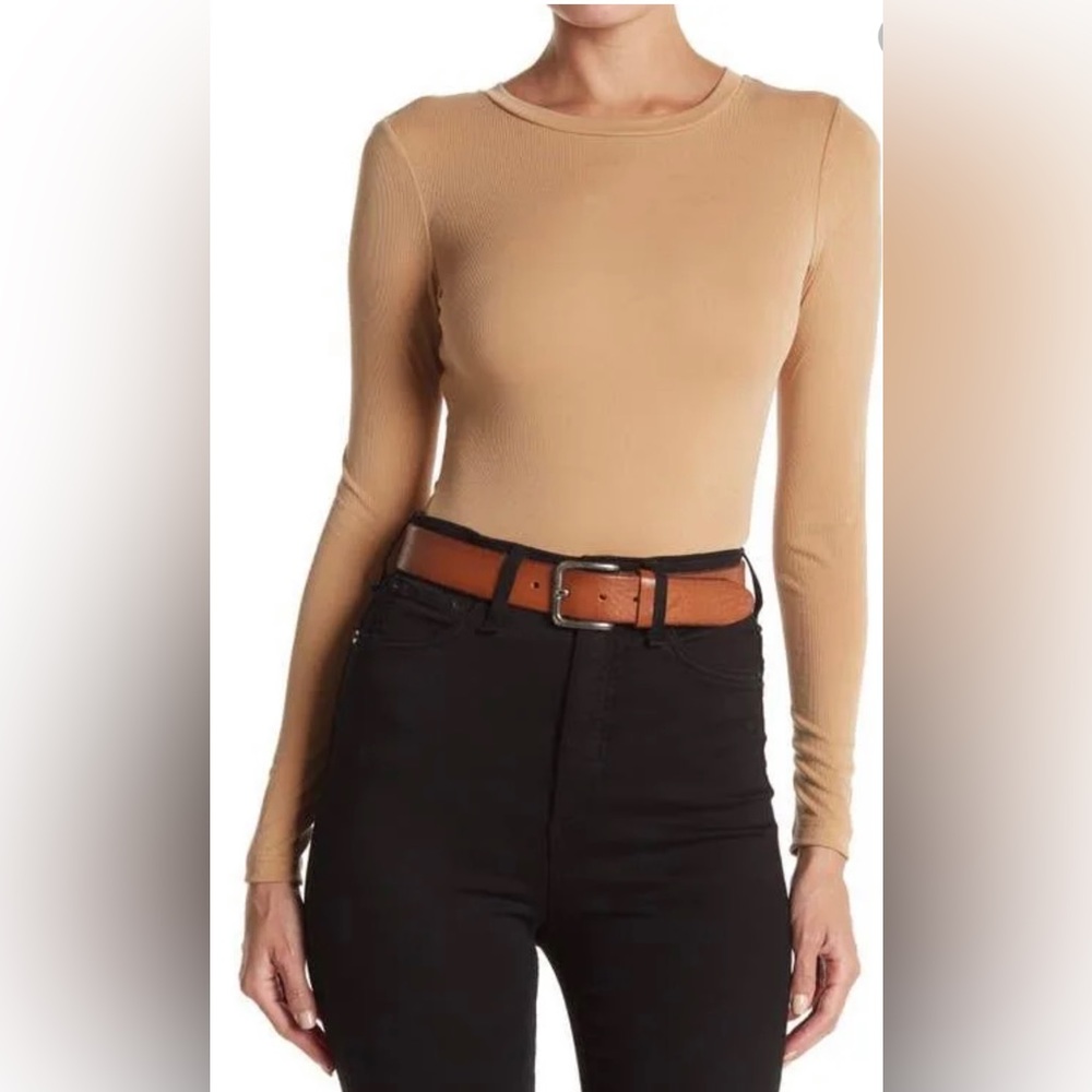 Elodie Camel Ribbed Bodysuit, Size XS